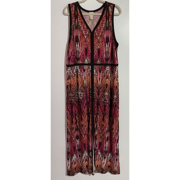 Chicos Dress 3 Brown Pink Maxi Phoebe Buffay Ikat Vacation Y2K Travel Stretch